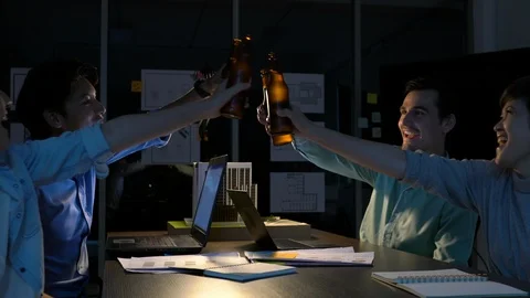Team employee drinking and hard working to late night at office. Stock Footage 93745580