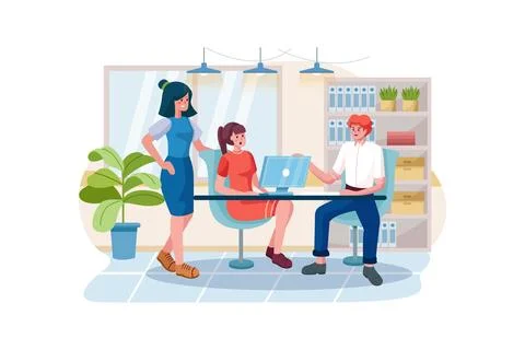 A team of employees works on the computer. Stock Illustration