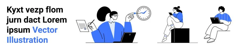 Team engaging in collaborative activities with digital tools, including a per Ilustração Stock