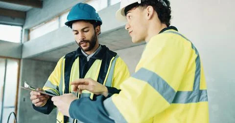 Team, engineer and checklist for construction planning, inspection schedule or Stock Photos