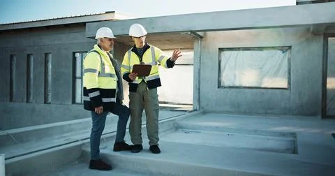 Team, engineer and clipboard for construction discussion, inspection schedule Stock Photos