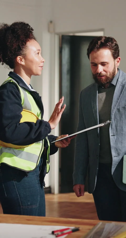 Team, engineer and clipboard with people in building for construction site Stock Footage 342333243