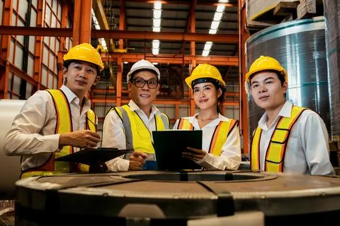 Team of engineer and foreman on meeting over metal roll. Exemplifying Foto stock