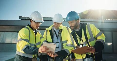 Team, engineer and tablet for construction planning, inspection schedule or Stock Photos