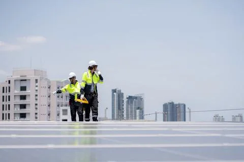 Team engineer and technician working on solar panel installation at rooftop.. Stock Photos