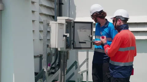 Team engineer inspect electrical control panel using tablet checking voltag.. Stock Footage 333912464