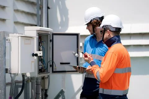 Team engineer inspect electrical control panel using tablet checking voltag.. Foto stock