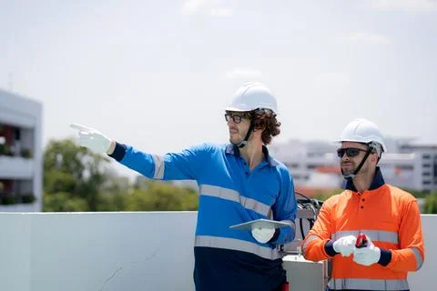 Team engineer inspect electrical control panel using tablet checking voltag.. Foto stock