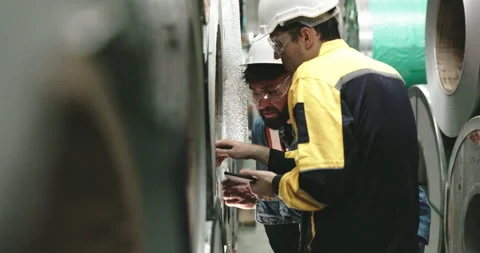 Team of engineer workers wearing safety helmets Use tablets to inspect steel Stock Footage 255004096