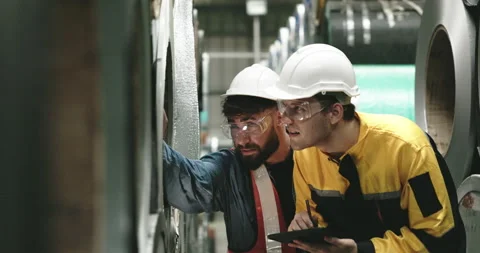 Team of engineer workers wearing safety helmets Use tablets to inspect steel Stock Footage 255004317