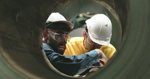 Team of engineer workers wearing safety helmets Use tablets to inspect steel Stock Footage 255004329