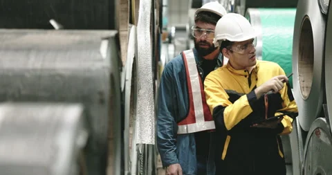 Team of engineer workers wearing safety helmets Use tablets to inspect steel Stock Footage 255004339