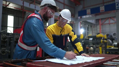 Team of engineers and architects working with blueprint at factory site. Stock Footage 254764814