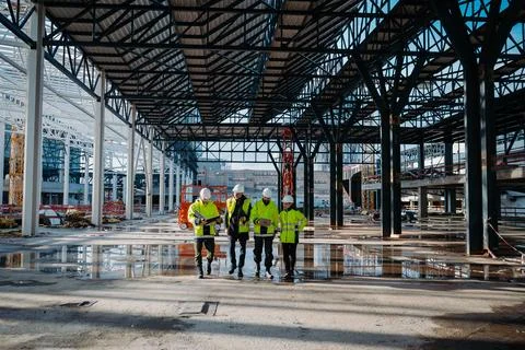 Team of engineers and construction workers inspecting building progress. Fotos de archivo
