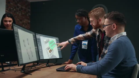 Team of engineers and designers creating brand new technology, modeling engine Stock Footage 231350916