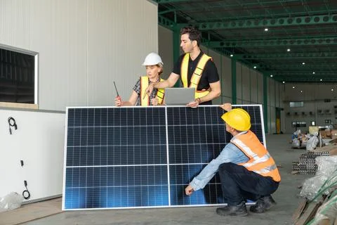 Team of engineers and technicians working on solar panels Foto stock