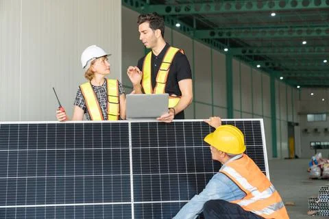 Team of engineers and technicians working together on solar panels in a wareh Foto stock