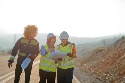 A team of engineers and workers oversees a wind Stock-Fotos