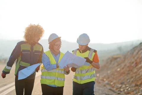 A team of engineers and workers oversees a wind Foto stock