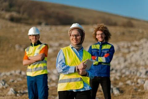 A team of engineers and workers oversees a wind Foto stock