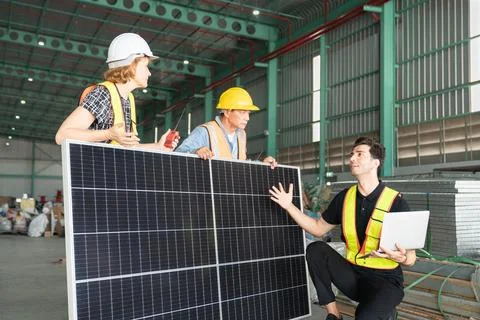 Team of engineers and workers using solar panels in a large warehouse. Foto stock