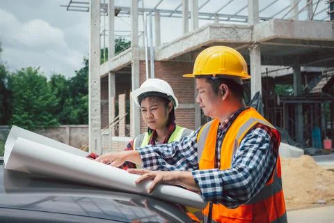 Team engineers checking blueprint and planning project working outdoors bui.. Stock Photos