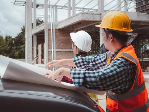 Team engineers checking blueprint and planning project working outdoors bui.. Stock Photos