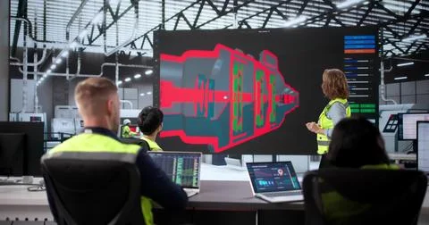 Team Of Engineers Collaborating On 3D CAD Model At Factory. Professors Teachi Foto stock