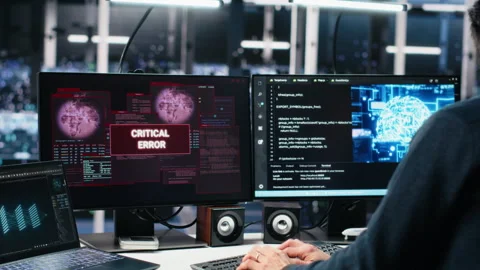 Team of engineers in data center struggles with malfunctions while using AI Stock Footage 313567110