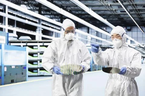 Team of engineers doing research and development on silicon wafer 스톡 사진