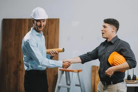 Team Engineers with draft plan of building on constructing site. Engineer w.. Fotos de archivo