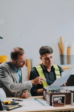 Team Engineers with draft plan of building on constructing site. Engineer w.. Fotos de archivo