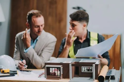 Team Engineers with draft plan of building on constructing site. Engineer w.. Fotos de archivo