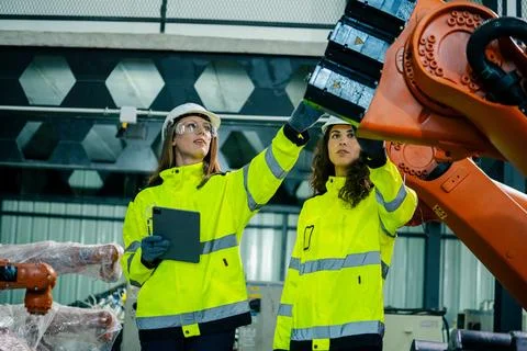 Team of engineers inspecting robotic arm in manufacturing facility during d.. Stock Photos
