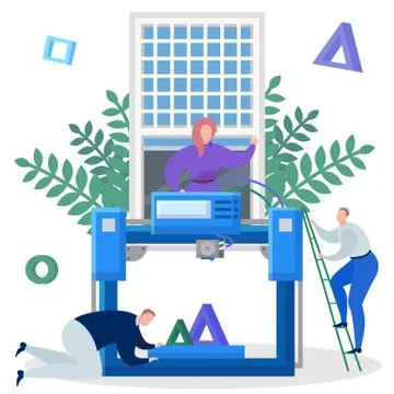 Team of engineers print on a 3d printer vector illustration. Stock Illustration