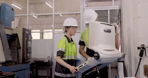 Team of engineers in safety gear adjust robotic arm base inside smart factory Stock Footage 314305220