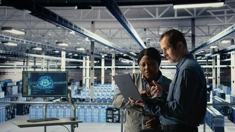 Team of engineers in server hub optimizing deep learning AI systems Stock Photos