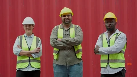 Team of engineers standing with arms crossed smiling to camera at container yard Stock Footage 264759552