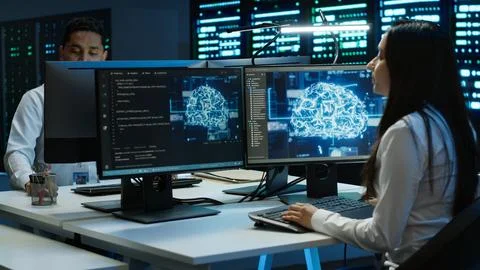 Team of engineers using AI tech on computer to do checkup in server room Stock Photos
