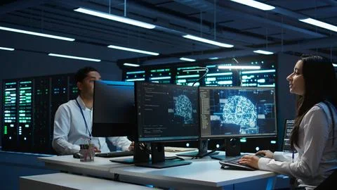 Team of engineers using AI tech on computer to do checkup in server room Foto stock