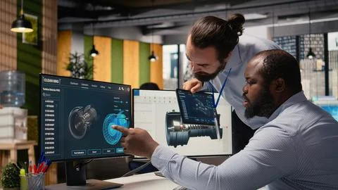 Team of engineers using CAD app to make wind turbine more sustainable Stock Photos