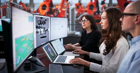 Team Of Engineers Working On 3D Car Design At Factory. Stock Photos