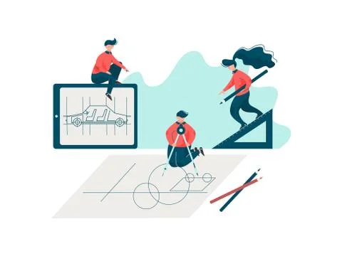 Team of Engineers Working at Project, Car Industry Engineering, Automobile Stock Illustration