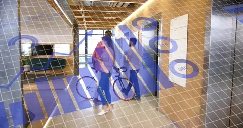 Team entering elevator after man pushing bicycle exchanging greeting and showing Stock Footage 318918164