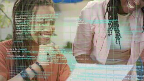 Team exchanging high-five and reviewing paper approving tech with grid and code Stock Footage 333967183