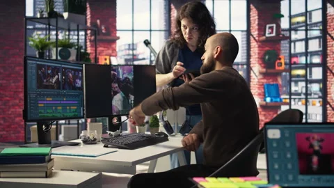 Team of experts work on social media content and video editing with dual Видео 308673700