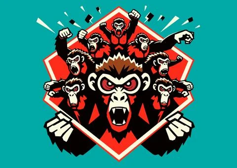 Team of ferocious fighting monkeys Stock Illustration