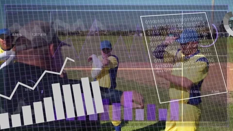 Team on field doing chest stretch warming up after coach gesture technology HUD Stock Footage 333426124