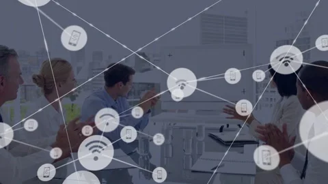 Team of five clapping at table as icon appearing, sending nodes, covering team Stock Footage 333078417