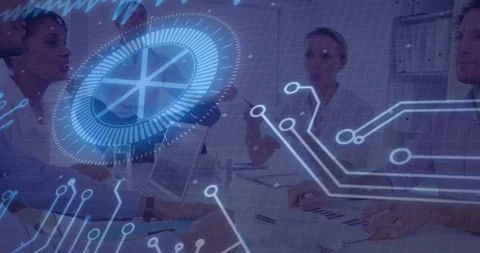 Team of five collaborating in business, left man pointing device activating blue Stock Footage 333905040